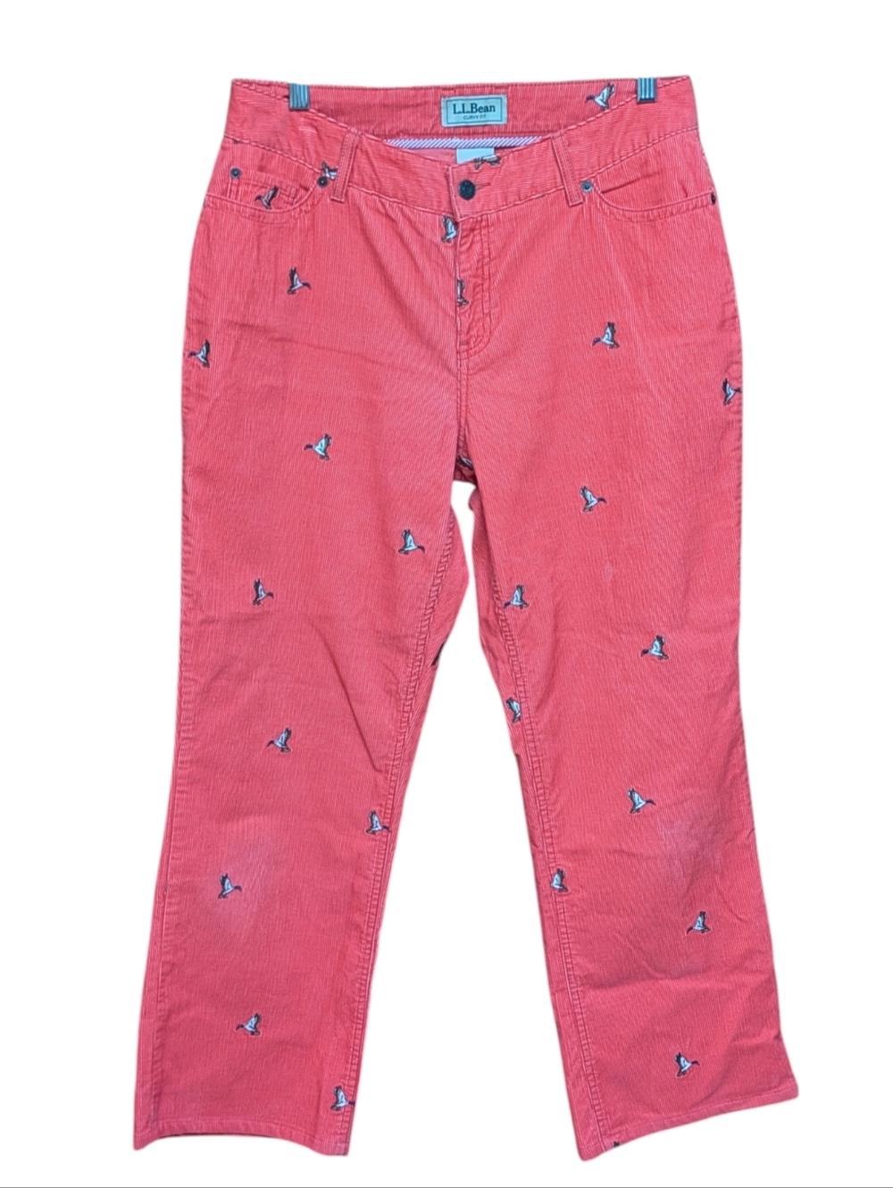 L.L. Bean Salmon Corduroy Mallard Print Pants Size 12 Curvy Fit